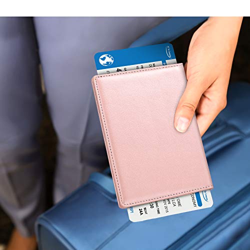 Fintie Funda de Pasaporte - Carcasa para Pasaporte de Cuero Sintético con Billetera para Tarjeta de Crédito, Tarjetas de Visita, Pases de Embarque,Tarjeta Médica, Oro Rosa