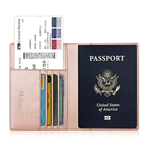 Fintie Funda de Pasaporte - Carcasa para Pasaporte de Cuero Sintético con Billetera para Tarjeta de Crédito, Tarjetas de Visita, Pases de Embarque,Tarjeta Médica, Oro Rosa