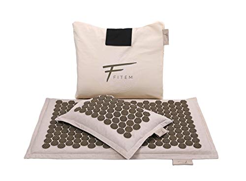 Fitem – Set de acupresión de alta gama y ecológico, esterilla de acupresión + cojín + bolsa, alivio del dolor de espalda y cuello, relajación muscular y estimuladores patentados