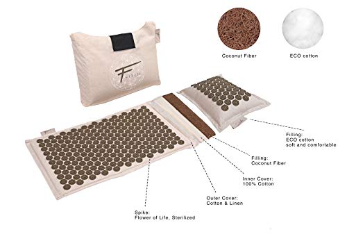 Fitem – Set de acupresión de alta gama y ecológico, esterilla de acupresión + cojín + bolsa, alivio del dolor de espalda y cuello, relajación muscular y estimuladores patentados
