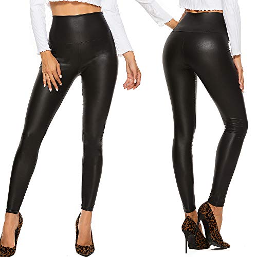 FITTOO Mujeres PU Leggins Cuero Brillante Pantalón Elásticos Pantalones para Mujer300#2 Negro Mate 2XL