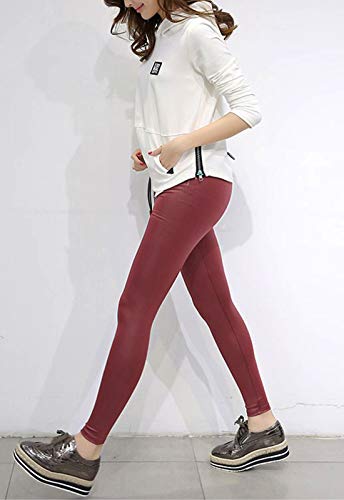 FITTOO Mujeres PU Leggins Cuero Brillante Pantalón Elásticos Pantalones para Mujer300#2 Rojo Oscuro S