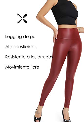 FITTOO Mujeres PU Leggins Cuero Brillante Pantalón Elásticos Pantalones para Mujer300#2 Rojo Oscuro S