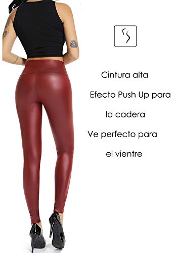 FITTOO Mujeres PU Leggins Cuero Brillante Pantalón Elásticos Pantalones para Mujer300#2 Rojo Oscuro S