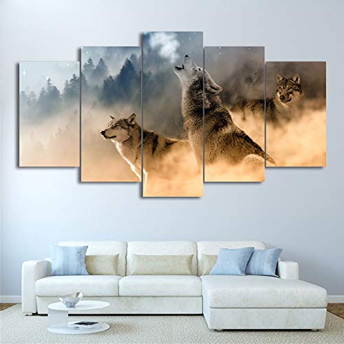 FJLOVE Impresión Cuadro En Lienzo Ojos De Lobo Vigilantes En Libertad Composición De 5 Piezas Cuadros Moderno HD Póster para Pared Decoración,Frameless+A,150X80cm(Large)