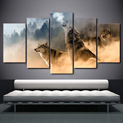 FJLOVE Impresión Cuadro En Lienzo Ojos De Lobo Vigilantes En Libertad Composición De 5 Piezas Cuadros Moderno HD Póster para Pared Decoración,Frameless+A,150X80cm(Large)