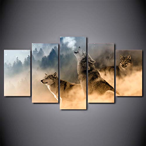 FJLOVE Impresión Cuadro En Lienzo Ojos De Lobo Vigilantes En Libertad Composición De 5 Piezas Cuadros Moderno HD Póster para Pared Decoración,Frameless+A,150X80cm(Large)
