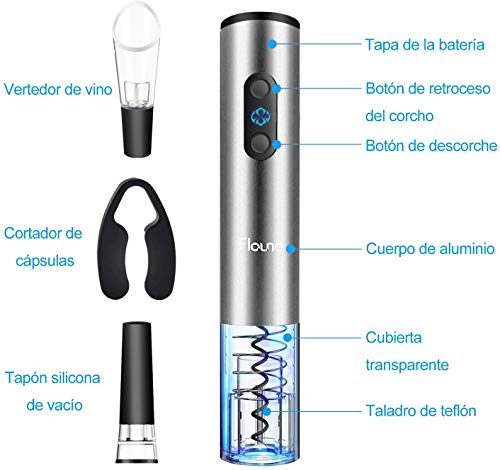 Flauno Sacacorchos Eléctrico Inalámbrico, Profesional Automatico Abrelatas de Vino, Abridor Botellas Recargable con Corta Cápsulas, Vertedor de Vino, Tapón de Vino Silicona de Vacío, Caja de Regalo