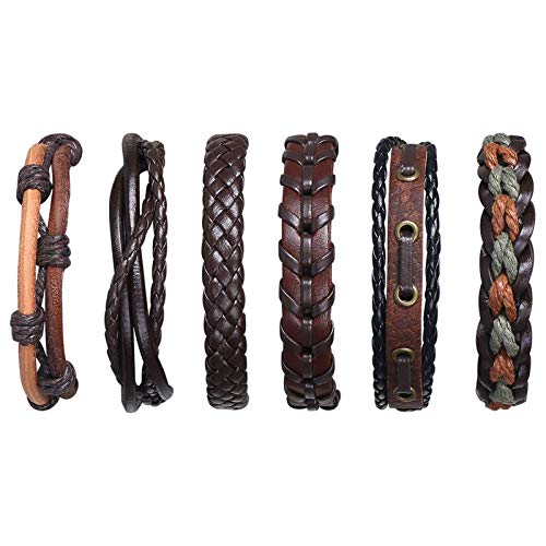 flintronic® Pulsera Hombre, 6 Piezas Personalidad Retro Tejida Pulsera de Traje de Cuero Multicapa, Pulseras Retro, Moda Pulsera de Cuero Brazalete Trenzado Roccia Punk, Ajustable (#2 Serie)