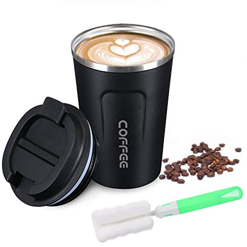 flintronic Taza de café 380ML, Taza de Viaje de Acero Inoxidable - Taza de automóvil de Doble Pared de Aislamiento Taza, Calibre Super Wide Cup para Hielo Fácil de Poner(Negro)