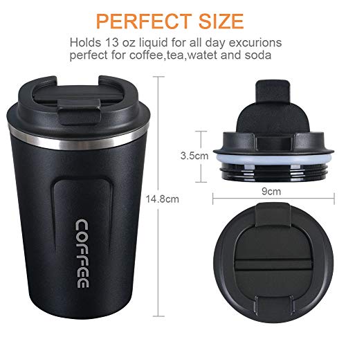 flintronic Taza de café 380ML, Taza de Viaje de Acero Inoxidable - Taza de automóvil de Doble Pared de Aislamiento Taza, Calibre Super Wide Cup para Hielo Fácil de Poner(Negro)