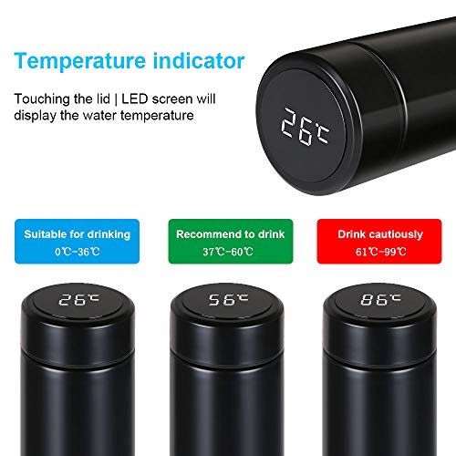 flintronic® Taza de Viaje, Termo Taza 500ML Travel Mug, Frasco de Vacío de Acero Inoxidable, Pantalla LCD Táctil Inteligente, Térmica de Doble Pared, Aislado al Vacío, con Portavasos y Cepillo - Negro
