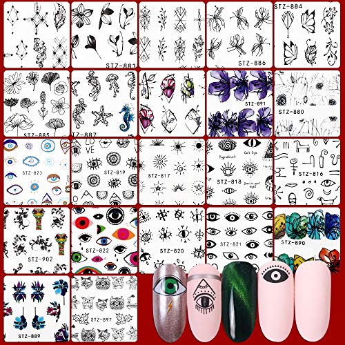 FLOFIA 33 Hojas Pegatinas Uñas al Agua Decorativas Flores Ojos Leopardo Pegatinas Transferencia Agua Calcomanias Uñas Nail Stickers Etiquetas Engomadas para DIY Decoración de Arte de Uñas