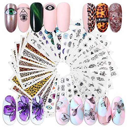 FLOFIA 33 Hojas Pegatinas Uñas al Agua Decorativas Flores Ojos Leopardo Pegatinas Transferencia Agua Calcomanias Uñas Nail Stickers Etiquetas Engomadas para DIY Decoración de Arte de Uñas