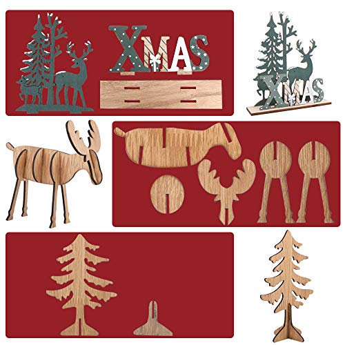 FLOFIA 3Kits Adornos de Navidad de Madera Adornos Navideños Mesa Navidad de Madera Árbol de Navidad Renos Xmas Decoración Navidad Hogar Mesa Ornamento Navidad Fiesta Regalo