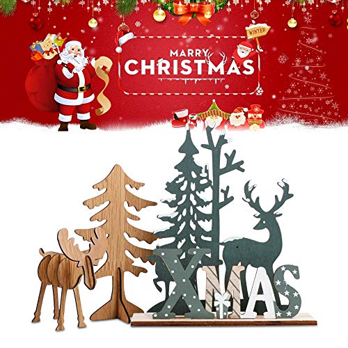 FLOFIA 3Kits Adornos de Navidad de Madera Adornos Navideños Mesa Navidad de Madera Árbol de Navidad Renos Xmas Decoración Navidad Hogar Mesa Ornamento Navidad Fiesta Regalo