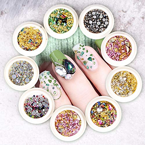 FLOFIA 9 Cajas Pedreria para Uñas Decoración Coloridas 3D Rhinestones Nails Remache Kit Diamantes de Imitación Adornos de Uñas Cuentas de Cristales Lentejuelas Uñas Decoración Arte de Uñas Bricolaje