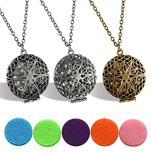 Flongo Collar con Colgante de Locket de Perfume Difusor Aromaterapia, Mujer Colgante Floral Huevo para Aceite Esencial con 5 Almohadillas, Retro Vintage de Color Plateado