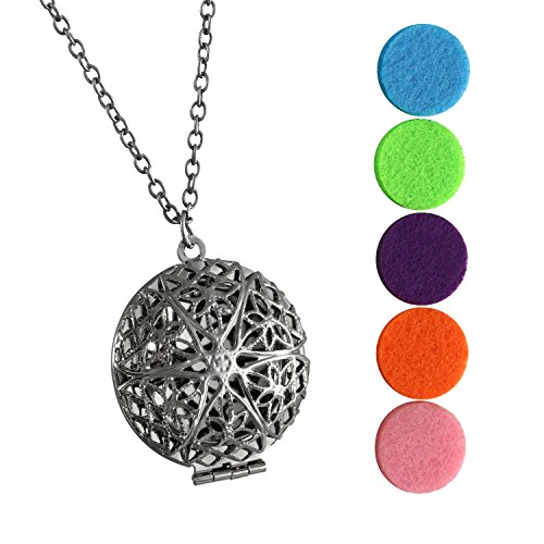 Flongo Collar con Colgante de Locket de Perfume Difusor Aromaterapia, Mujer Colgante Floral Huevo para Aceite Esencial con 5 Almohadillas, Retro Vintage de Color Plateado