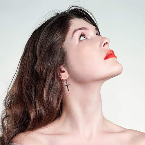 Flongo Pendientes de cruz largo pendientes de aros pequeños, Pendientes de acero inoxidable negro, Pendientes de mujer hombre estilo hip hop unisex, 1 par, Regalo para San Valentín/Navidad