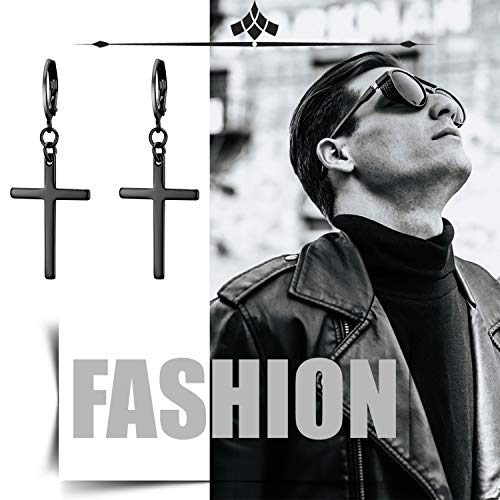 Flongo Pendientes de cruz largo pendientes de aros pequeños, Pendientes de acero inoxidable negro, Pendientes de mujer hombre estilo hip hop unisex, 1 par, Regalo para San Valentín/Navidad