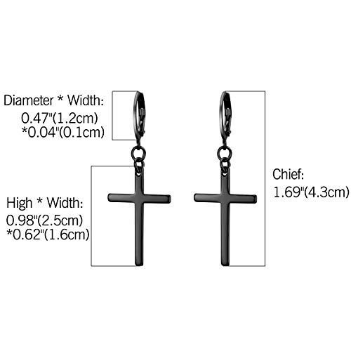 Flongo Pendientes de cruz largo pendientes de aros pequeños, Pendientes de acero inoxidable negro, Pendientes de mujer hombre estilo hip hop unisex, 1 par, Regalo para San Valentín/Navidad