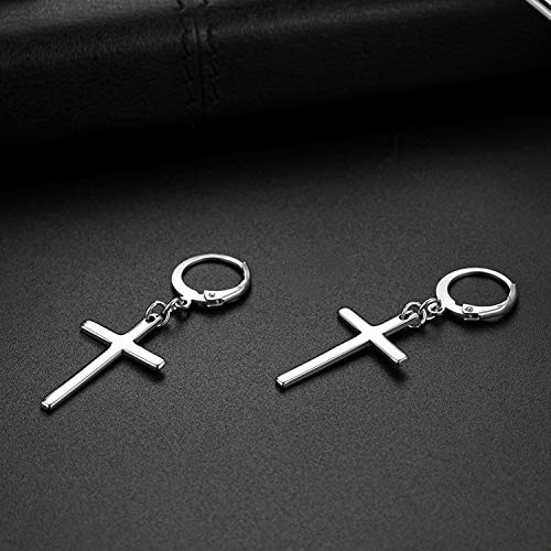 Flongo Pendientes de cruz largo pendientes de aros pequeños, Pendientes de acero inoxidable plateado, Pendientes de mujer hombre estilo hip hop unisex, 1 par, Regalo San Valentín Navidad
