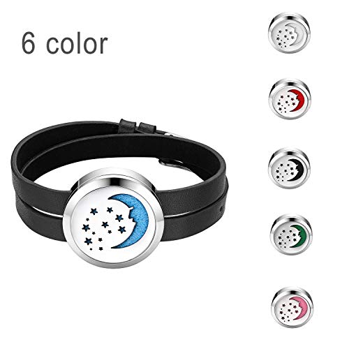 Flongo Pulsera de Locket de Perfume Difusor Aromaterapia, Pulsera de Cuero Moneda de Luna Estrellas Hueco Aceite Esencial con 6 Almohadillas, San Valentin