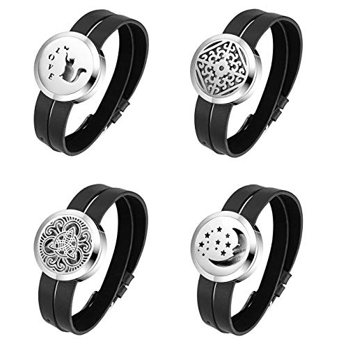 Flongo Pulsera de Locket de Perfume Difusor Aromaterapia, Pulsera de Cuero Moneda de Luna Estrellas Hueco Aceite Esencial con 6 Almohadillas, San Valentin