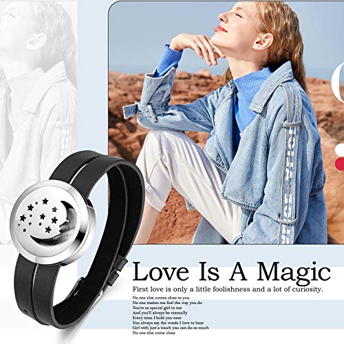 Flongo Pulsera de Locket de Perfume Difusor Aromaterapia, Pulsera de Cuero Moneda de Luna Estrellas Hueco Aceite Esencial con 6 Almohadillas, San Valentin