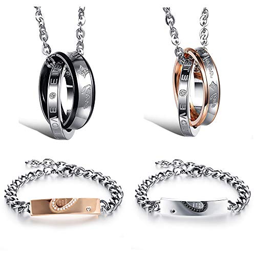 Flongo - Pulseras complementarias para hombre y mujer, hechas de acero y circonia, forman un corazón negro y dorado, ideal como regalo San Valentín Set