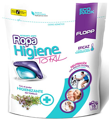 Flopp - Detergente para Ropa Higiene Total, 18 Cápsulas | Detergente Temperatura Baja Elimina Olor. Detergente Lavadora Ropa Eco Limpia sin Ensuciar el Planeta