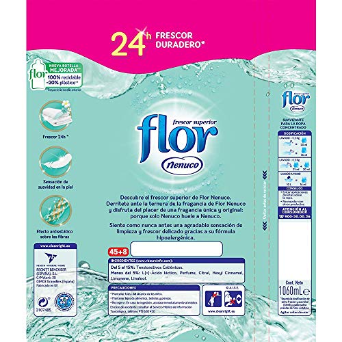 Flor - Suavizante para la ropa concentrado, aroma nenuco, hipoalergénico - Pack de 10, hasta 530 dosis