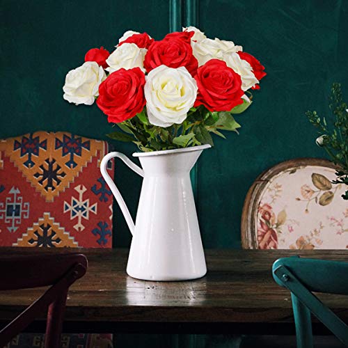 Floralsecret 12 Piezas Rosas Artificiales Flores de Seda Imidacial Ramo Decoración de Boda Casa(Blanca, Roja)