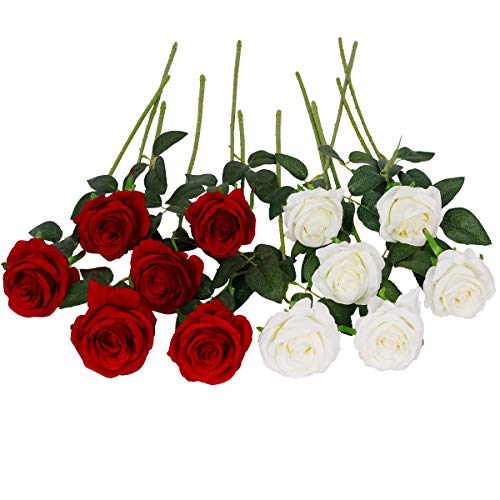 Floralsecret 12 Piezas Rosas Artificiales Flores de Seda Imidacial Ramo Decoración de Boda Casa(Blanca, Roja)