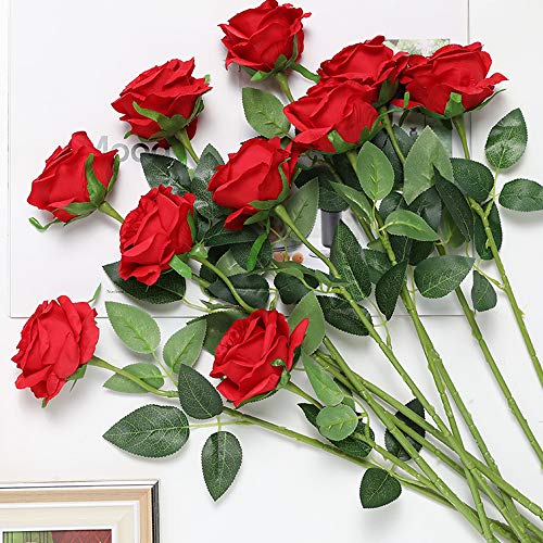 Floralsecret 12 Piezas Rosas Artificiales Flores de Seda Imidacial Ramo Decoración de Boda Casa(Blanca, Roja)