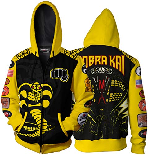 FLYCHEN Hombre Chaquetas Cobra Kai 3D Sudaderas Suéter con Cremallera Patrón de Cobra Hoodies de la Serie de televisión Manga Larga con Capucha- Cremallera 3, L