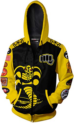 FLYCHEN Hombre Chaquetas Cobra Kai 3D Sudaderas Suéter con Cremallera Patrón de Cobra Hoodies de la Serie de televisión Manga Larga con Capucha- Cremallera 3, L