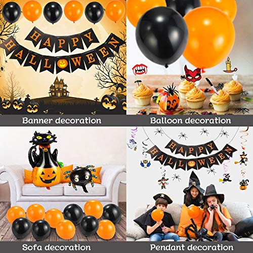Flyfun 44 Piezas Juego de Decoración de Halloween Accesorios con Banner de Feliz Halloween, Tela de Araña de Terror, Tela Espeluznante, Globos Naranjas y Negros, Adornos Colgantes de Cinta en Espiral