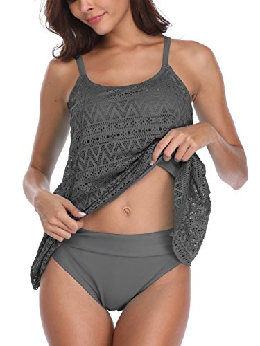 FLYILY - Traje de baño, tankini, de malla, para mujer, conjunto de dos piezas, bikini, de cintura alta, talla grande Gris gris L