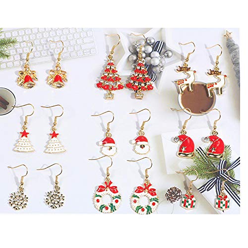 Flysee 9 Pares de Pendientes de Navidad Pendientes Colgantes de Navidad Juego de Pendientes de Joyería de Santa para Mujeres Niñas, 9 Estilos，Navidad decoración