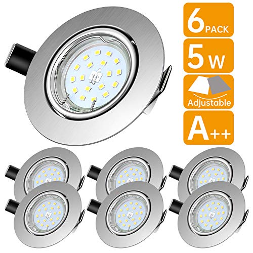 Foco Empotrable | Led Gu10 Luz de Techo 5W equivalente a incandescente 60W | Blanco Frío 6000K 600Lm | Ojos de Buey Marco Redondo AC220V-240V | bombilla LED para salón o dormitorio cocina etc 6 piezas