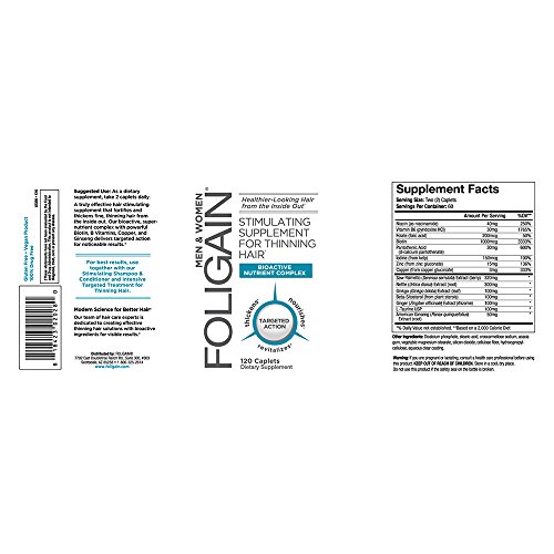 FOLIGAIN - Suplemento estimulante para la pérdida de cabello - Con biotina, ácido fólico, zinc, palma enana americana y ginkgo biloba - 120 Cápsulas