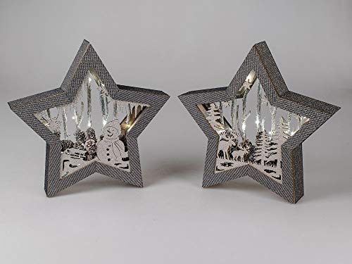 formano - Estrella decorativa de madera, 34 cm, con luz LED, surtido, 1 pieza, gris plateado, con caja de batería + temporizador