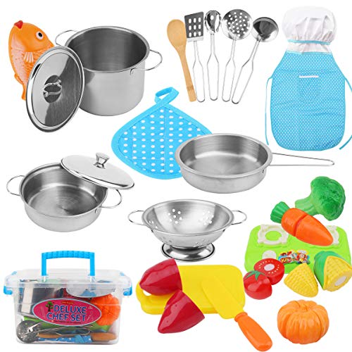 FORMIZON Juguetes de Cocina para Niños, Juguetes de Cocina Set con Alimentos Cortar Juguete Chef y Acero Inoxidable Utensilios de Cocina Culinario, Juguete para Niños Mayores de 3 Años