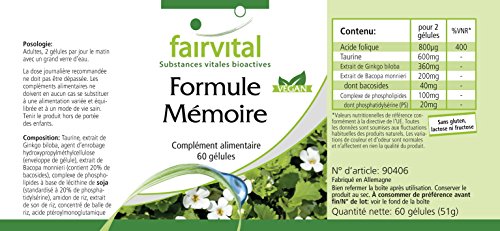 Fórmula de memoria - Bacopa Monnieri + Ginkgo Biloba + Fosfatidilserina + Taurina y Ácido fólico - VEGANA - Dosis elevada - 60 Cápsulas - Calidad Alemana