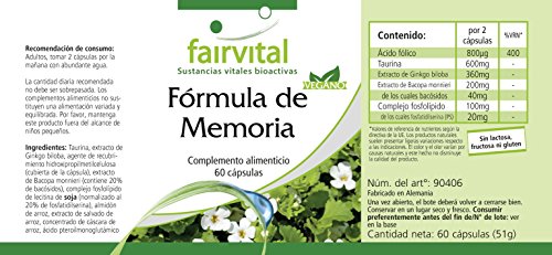 Fórmula de memoria - Bacopa Monnieri + Ginkgo Biloba + Fosfatidilserina + Taurina y Ácido fólico - VEGANA - Dosis elevada - 60 Cápsulas - Calidad Alemana