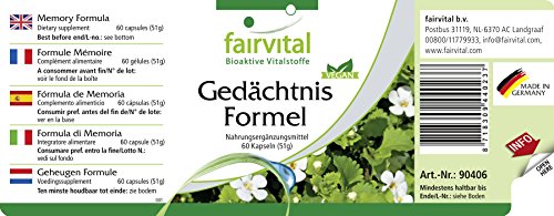 Fórmula de memoria - Bacopa Monnieri + Ginkgo Biloba + Fosfatidilserina + Taurina y Ácido fólico - VEGANA - Dosis elevada - 60 Cápsulas - Calidad Alemana