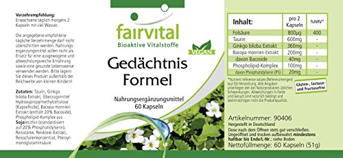 Fórmula de memoria - Bacopa Monnieri + Ginkgo Biloba + Fosfatidilserina + Taurina y Ácido fólico - VEGANA - Dosis elevada - 60 Cápsulas - Calidad Alemana