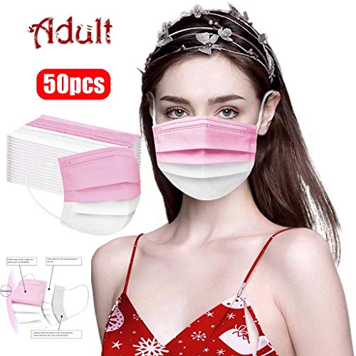 Fossen - 50 unidades, 3 Capas, Costuras de 2 Color Adultos Hombres y Mujeres Desechable Protección Transpirables con Elástico para Los Oído (Rosa claro)